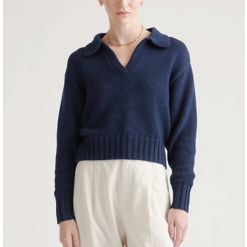 Quince Navy Blue Organic Cotton Shaker Stitch Polo Sweater Small Casual Preppy